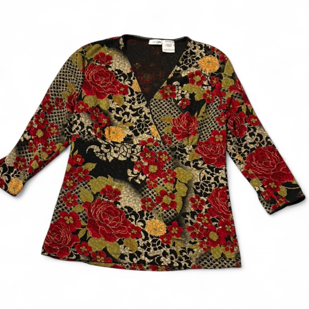 East 5th Floral V-Neck Tunic - Red, Black, Olive, Gold